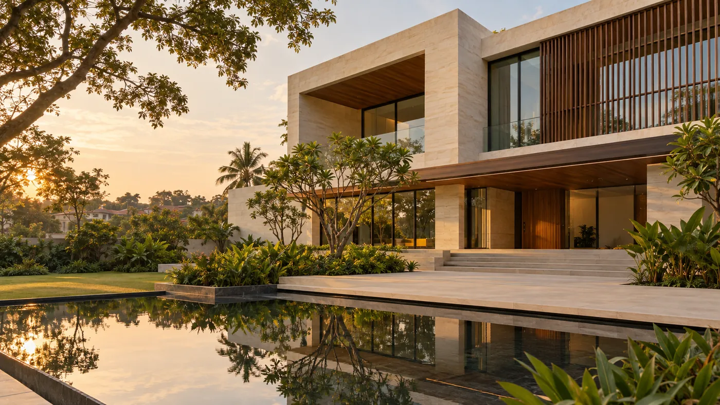 Original low modern house at dusk with a lit veranda