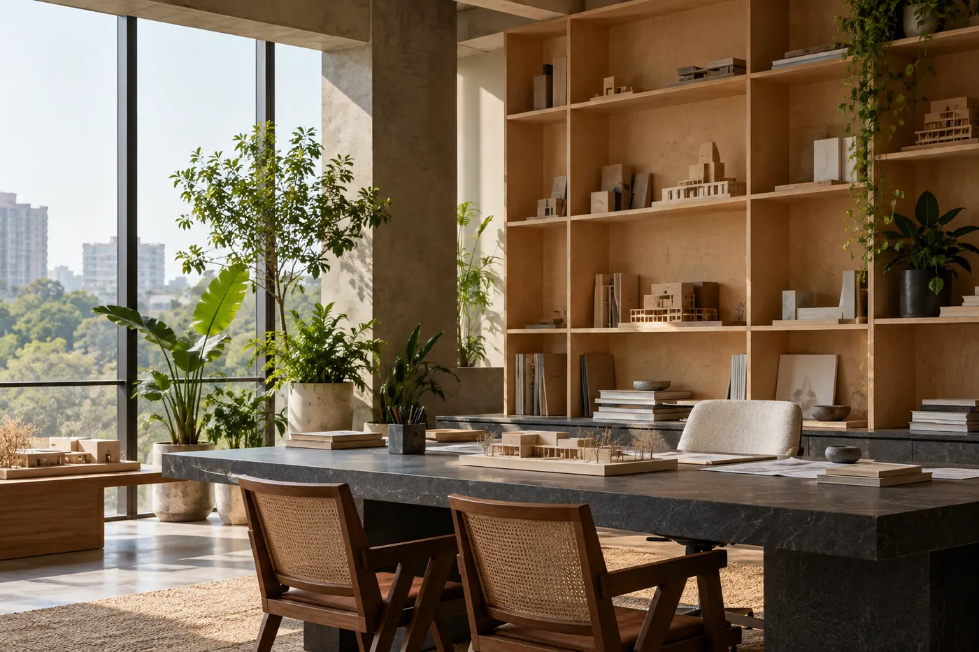 Original architecture studio with models and planting