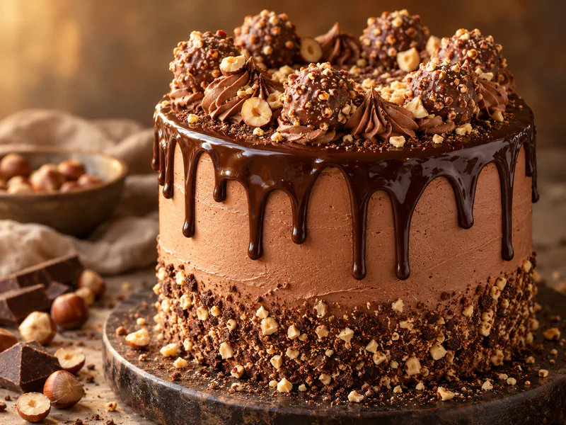 A chocolate cake topped with hazelnut truffles