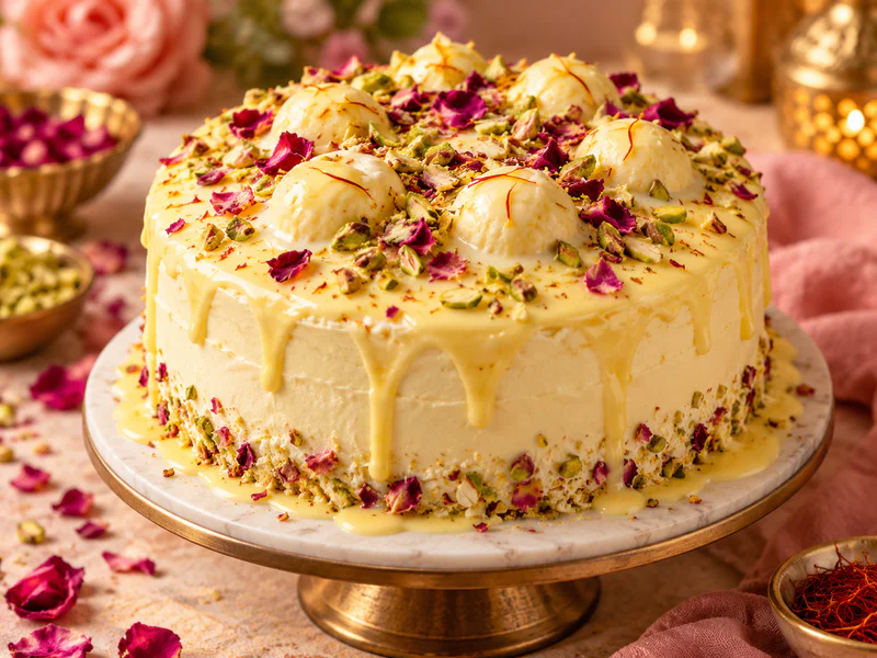 A cream cake decorated with saffron and pistachio