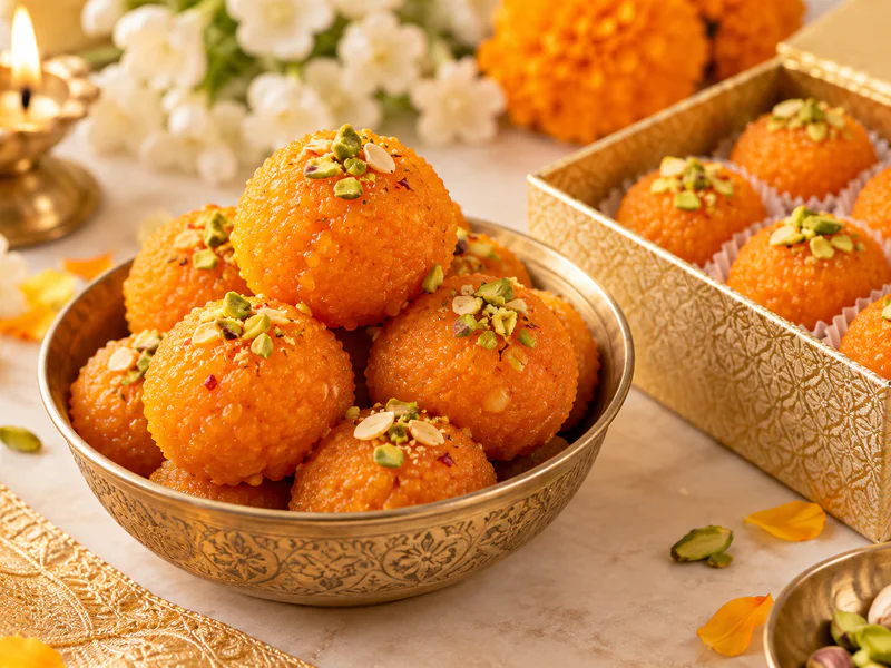 A bowl of orange laddoos