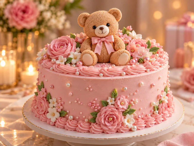 A pink birthday cake with a teddy bear topper