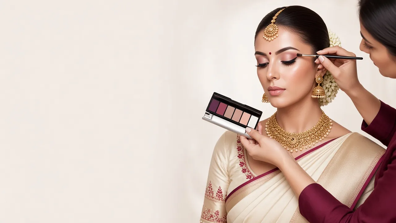 South Indian bride receiving finishing eye makeup