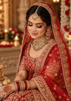 A bride in a red lehenga with gold jewellery