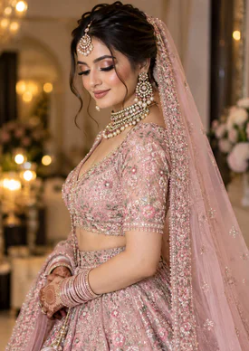 A bride in a blush pink lehenga