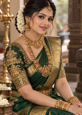 A bride in a green silk saree with temple jewellery