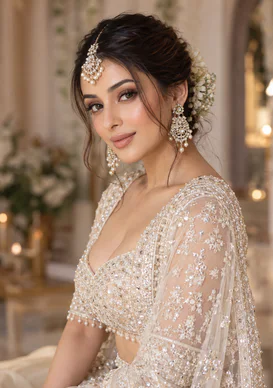 A bride in an ivory sequinned outfit