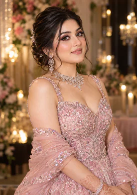 A bride in a pink embroidered gown