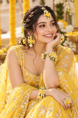 A bride in a yellow outfit for the haldi ceremony
