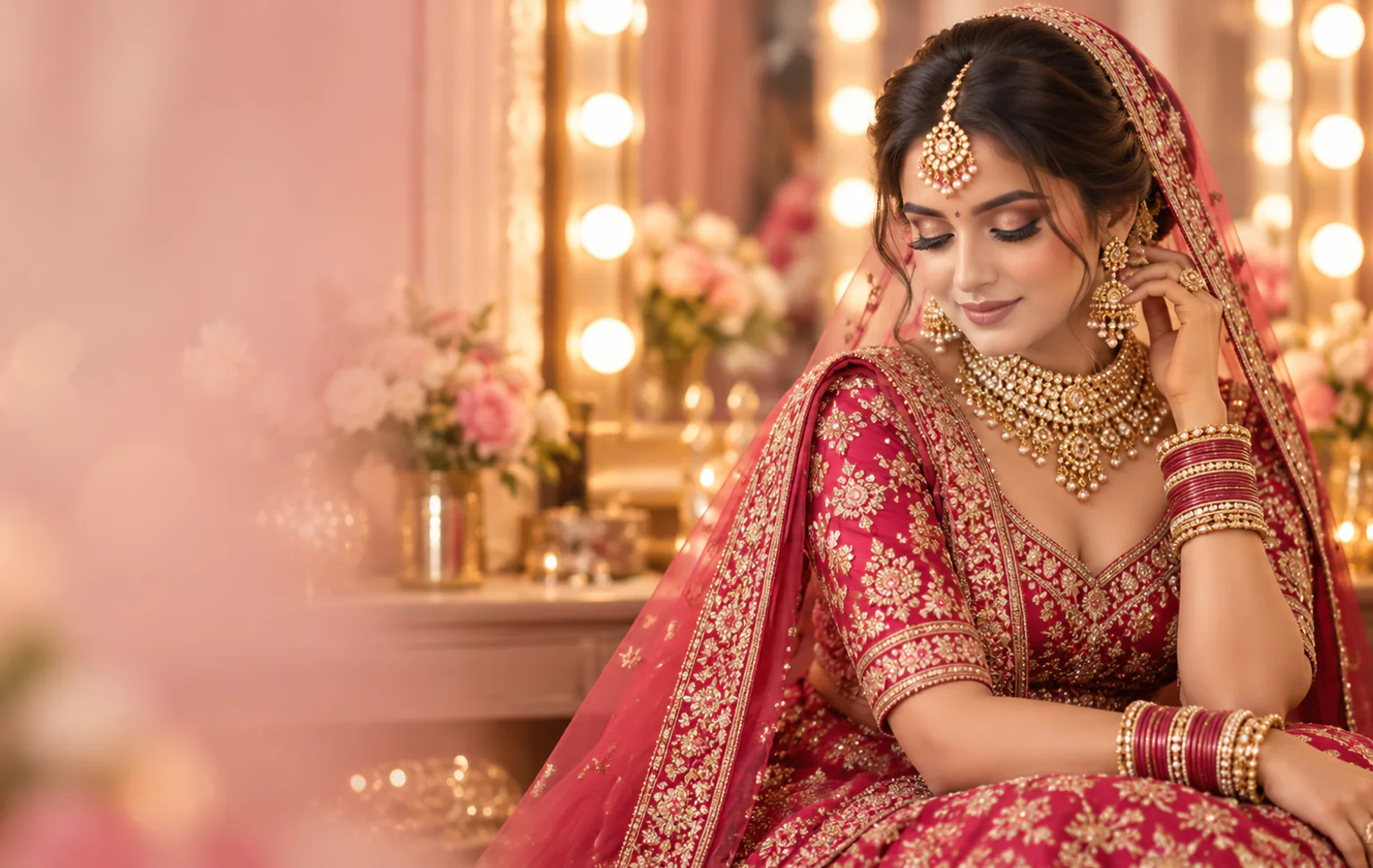 A bride in a rose lehenga and gold jewellery looking down, lit by mirror lights