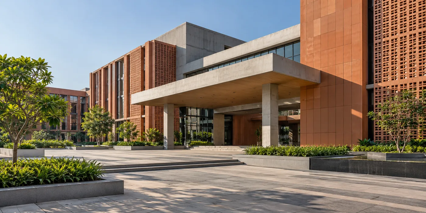 Original completed commercial building with terracotta facade