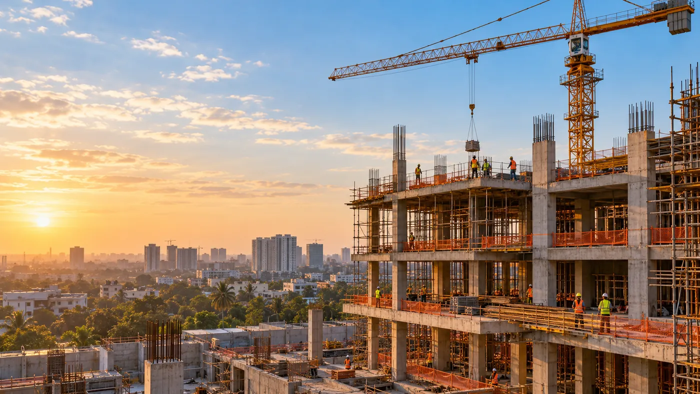 Original construction site with crane at sunrise