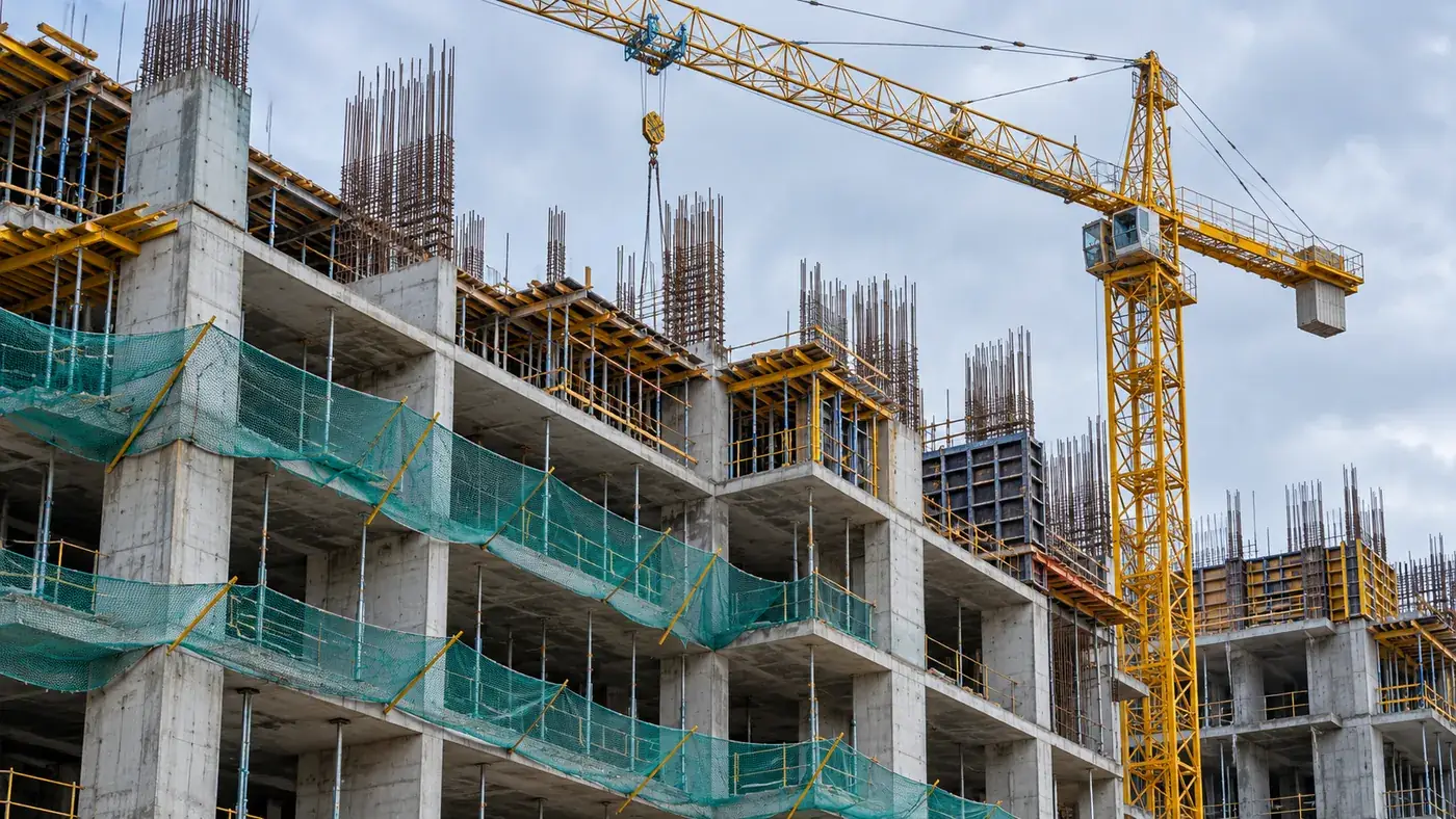 Original residential building construction site with crane