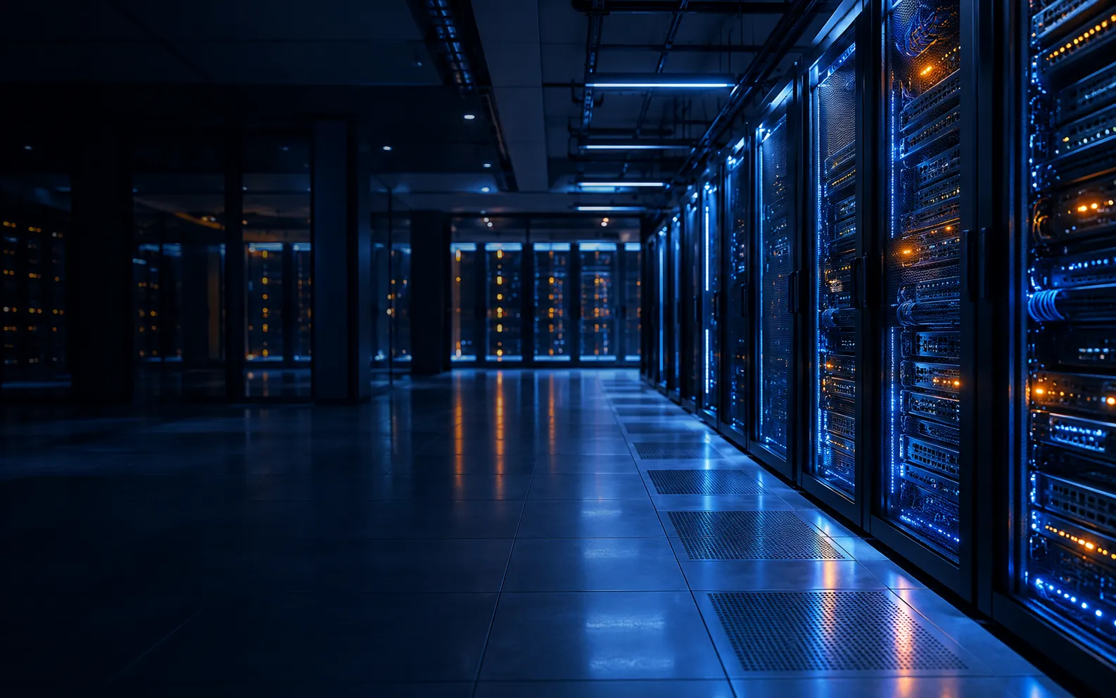 Blue-lit data centre server room