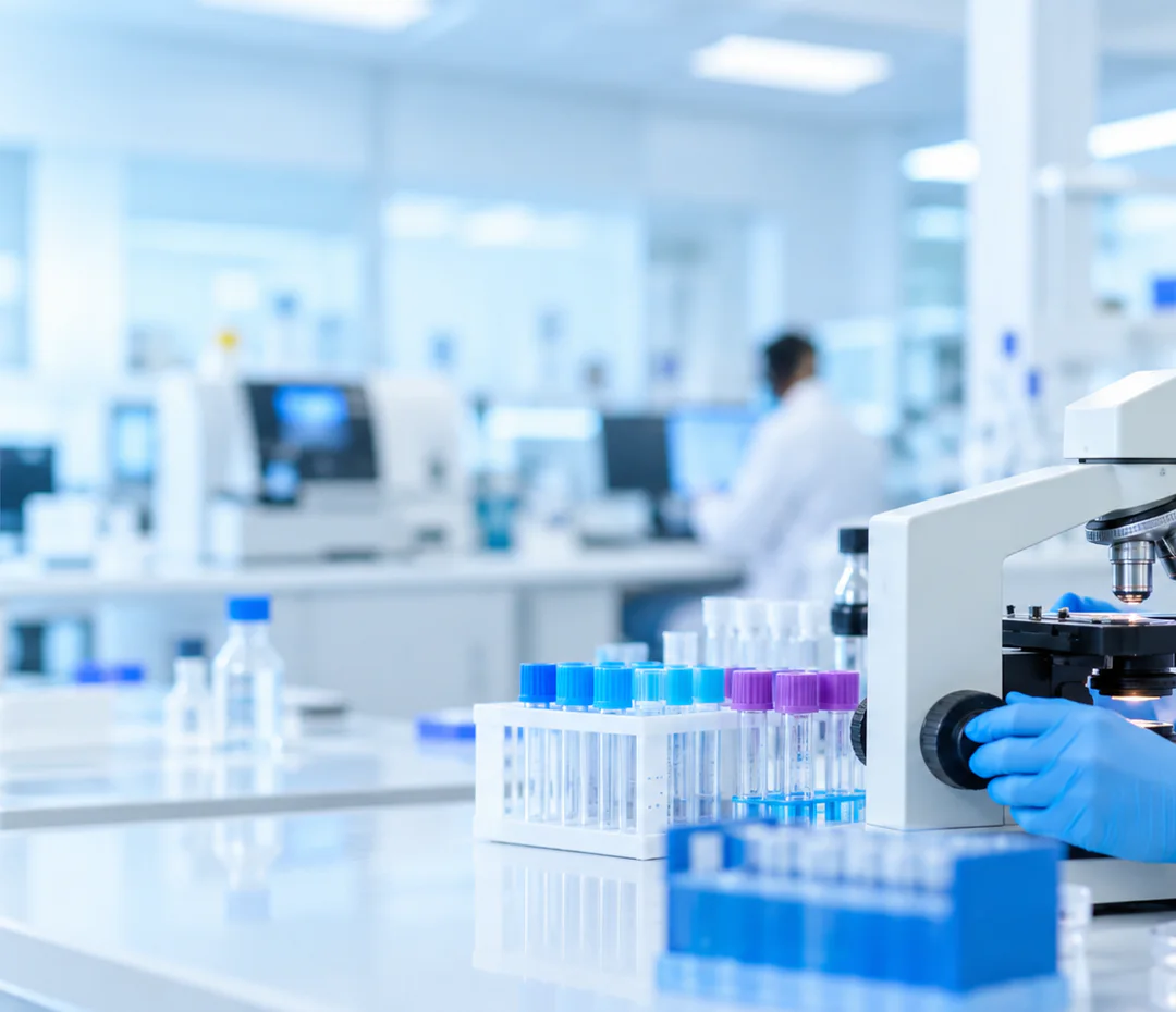 A lab technician in a mask and gloves looking into a microscope