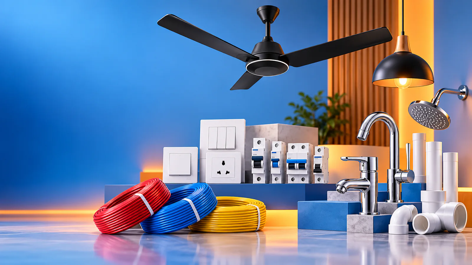 Electrical and plumbing products: a ceiling fan, switches, wires, taps, and pipes