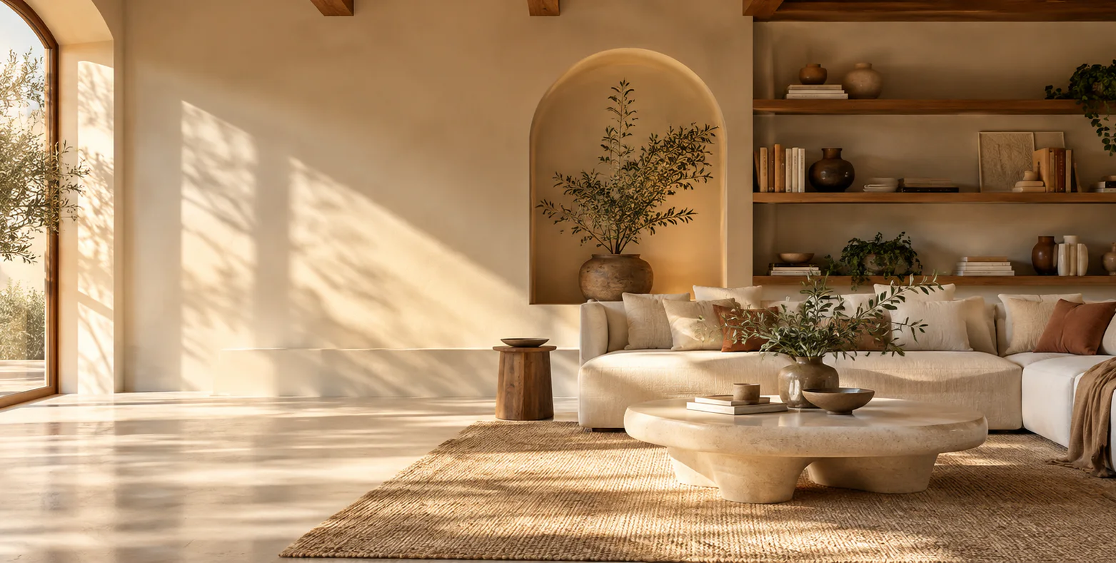 A warm living room with a linen sofa, timber shelving, and an arched niche