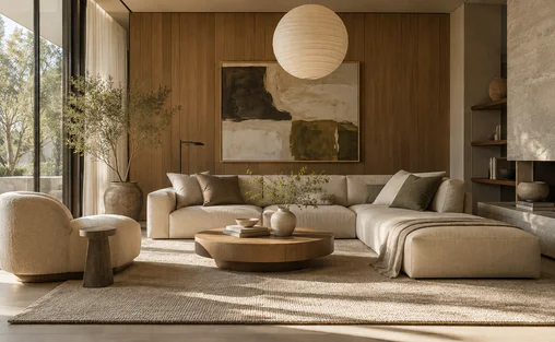 A living room in warm neutrals with a pendant lamp
