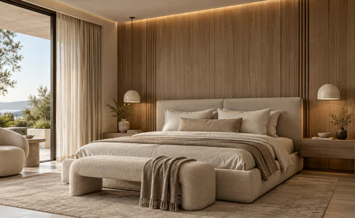 A bedroom with a panelled headboard wall