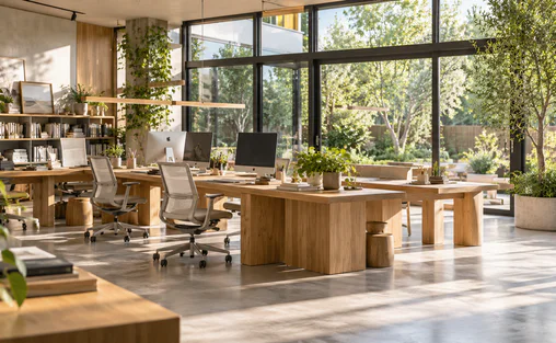 A bright studio office opening onto a garden