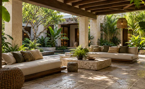 A covered courtyard lounge surrounded by palms