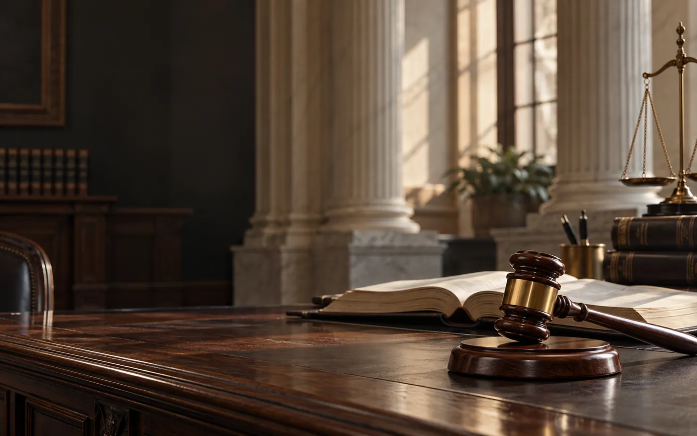 A gavel and an open law book on a desk in a columned chamber