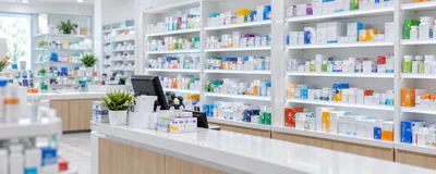 Shelves of medicine boxes