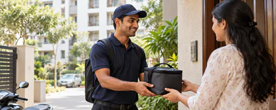 A delivery rider on a residential street