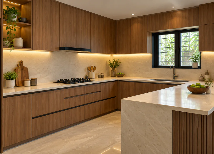 A modern kitchen with wood-finish cabinets