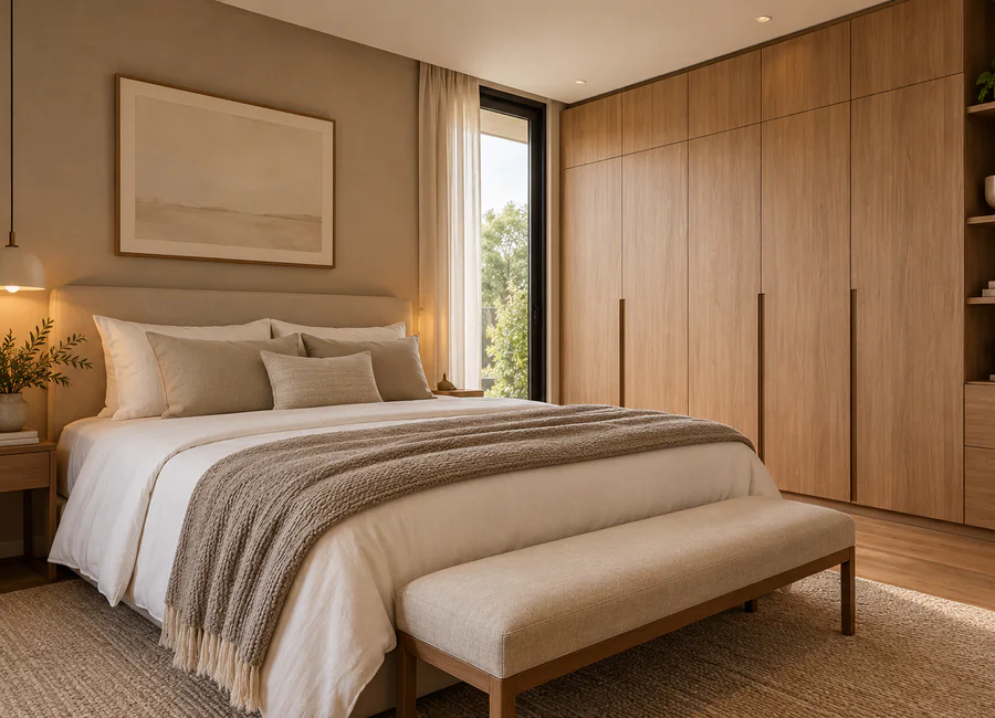 A bedroom with a fitted wooden wardrobe