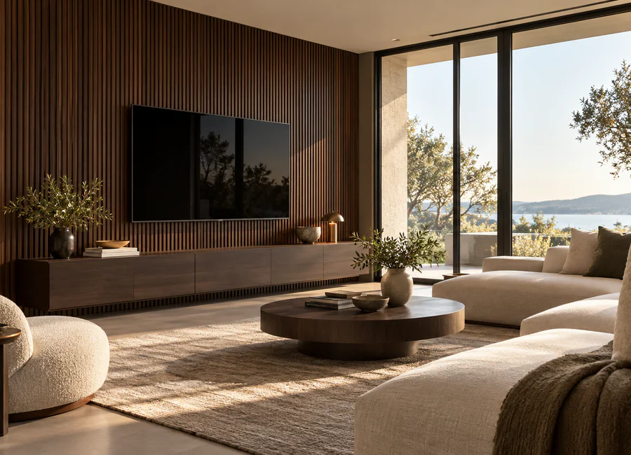 A living room wall with fluted wood panelling