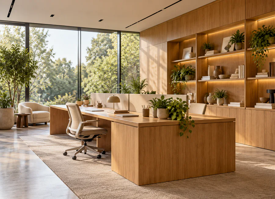 An office with wooden desks and shelving