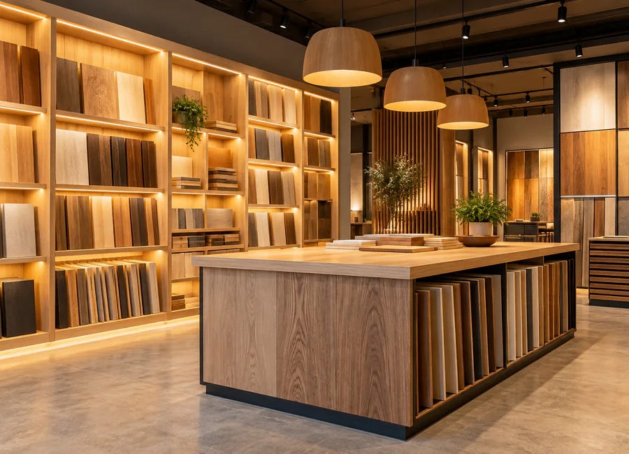 A shop with wooden display shelves