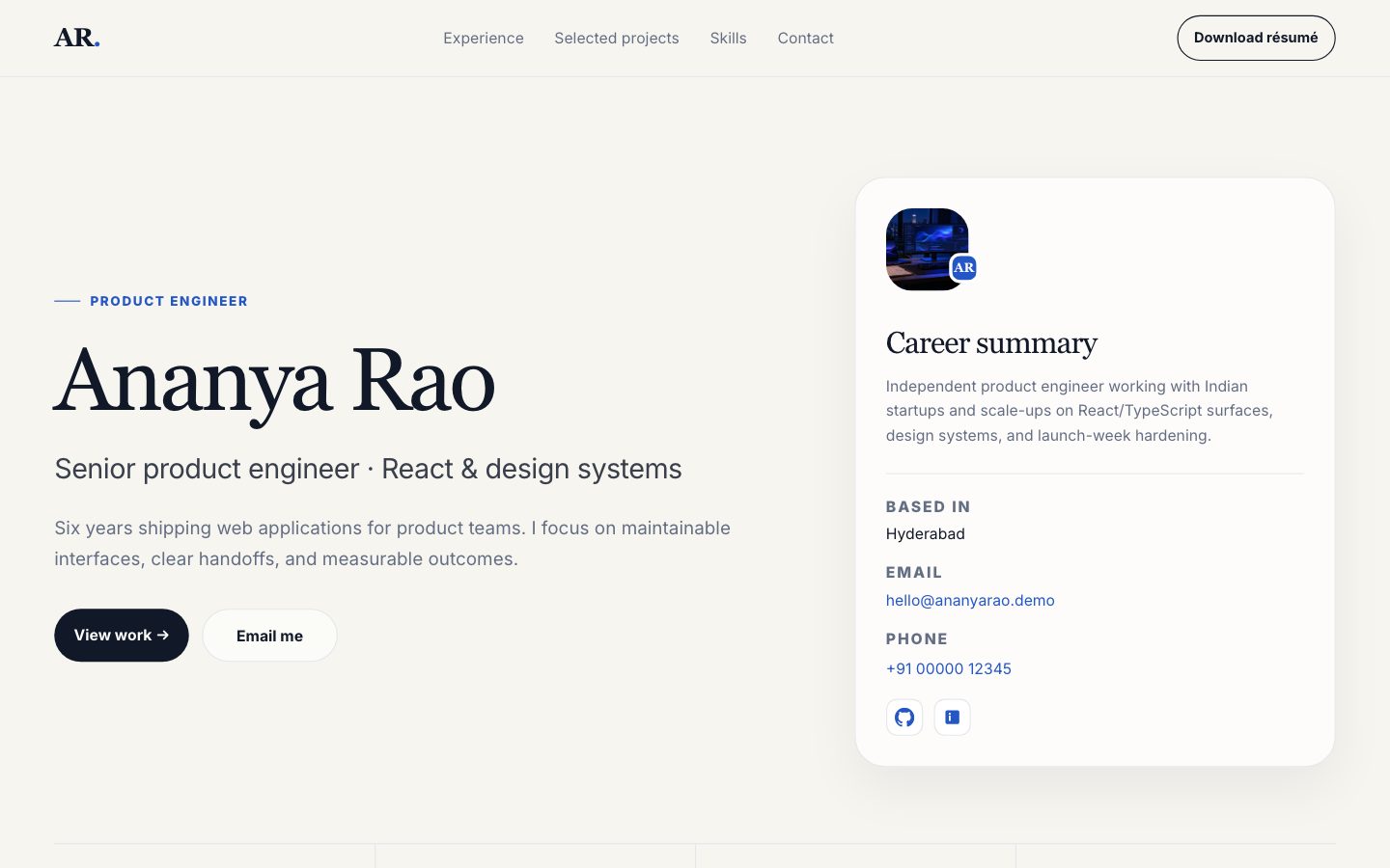 Professional & Developer Portfolios — Premium Resume website preview
