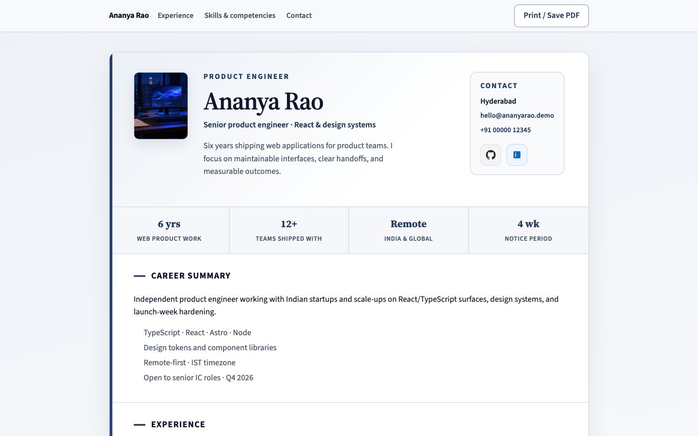 Professional & Developer Portfolios — Résumé website preview