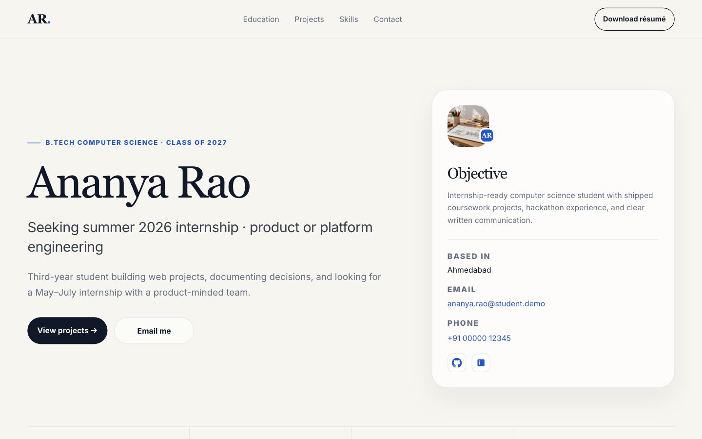 Student Portfolios — Premium Resume website preview