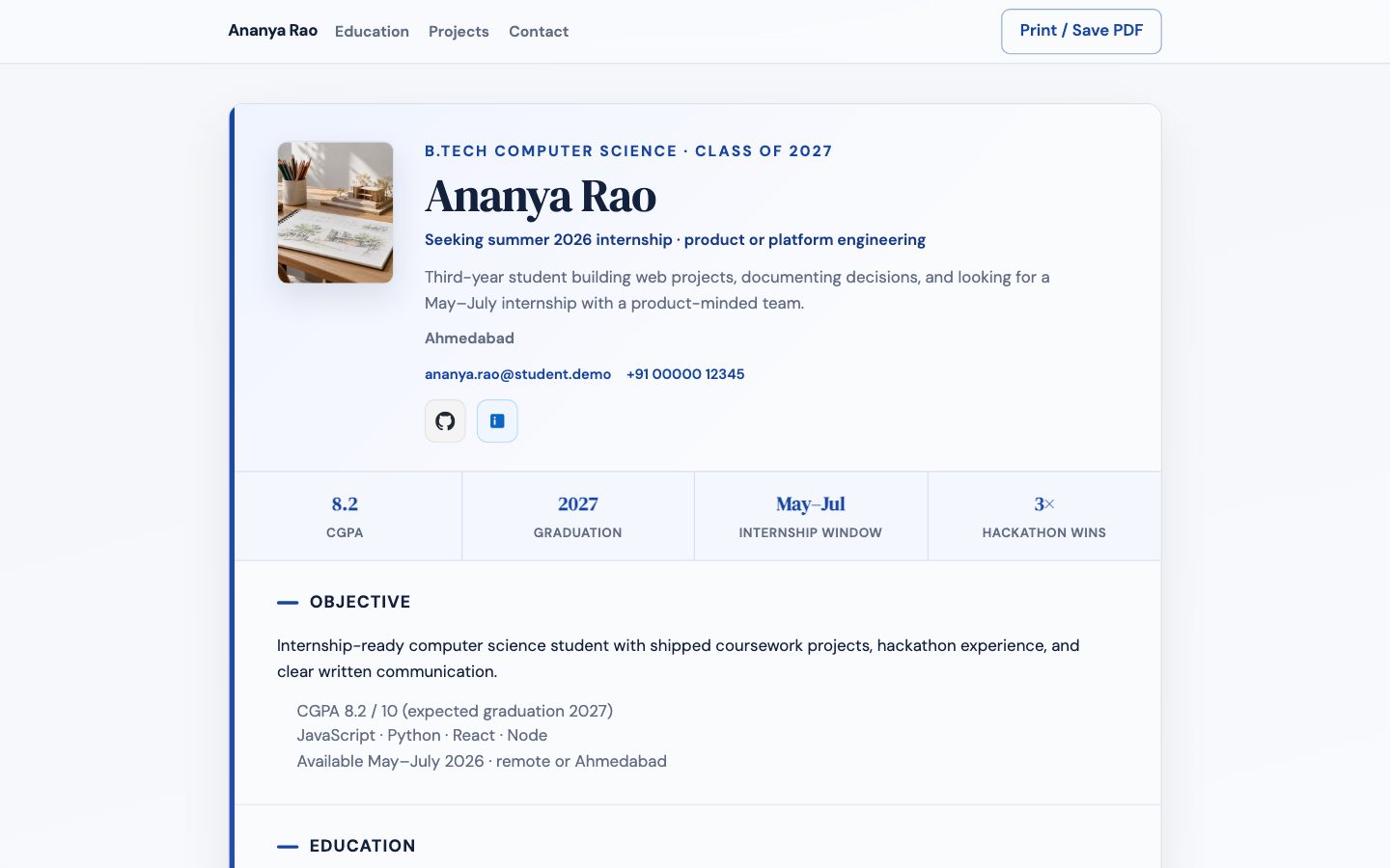 Student Portfolios — Résumé website preview