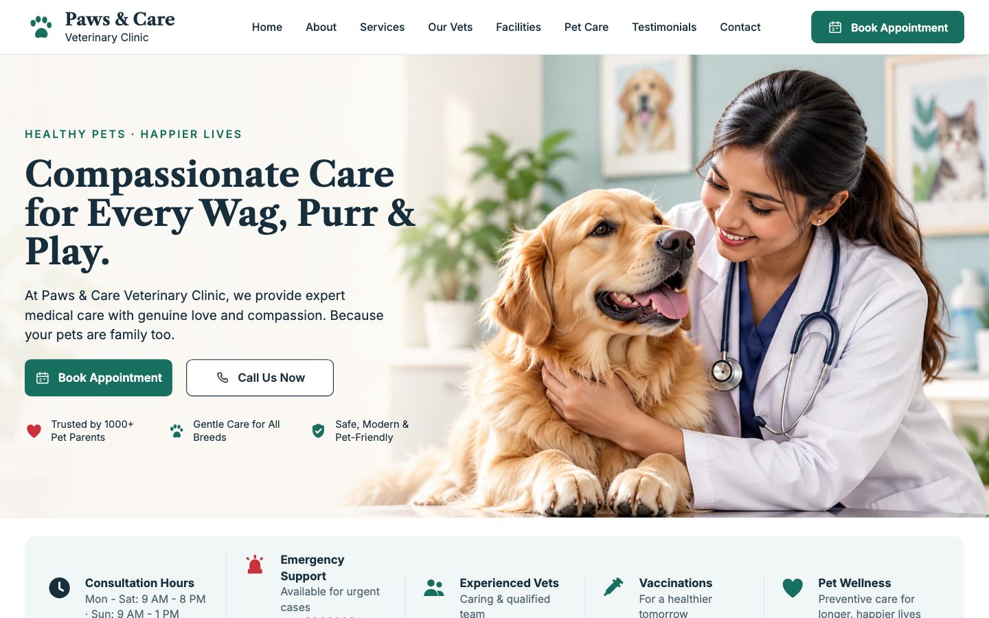Veterinary Clinics — Paws & Care website preview