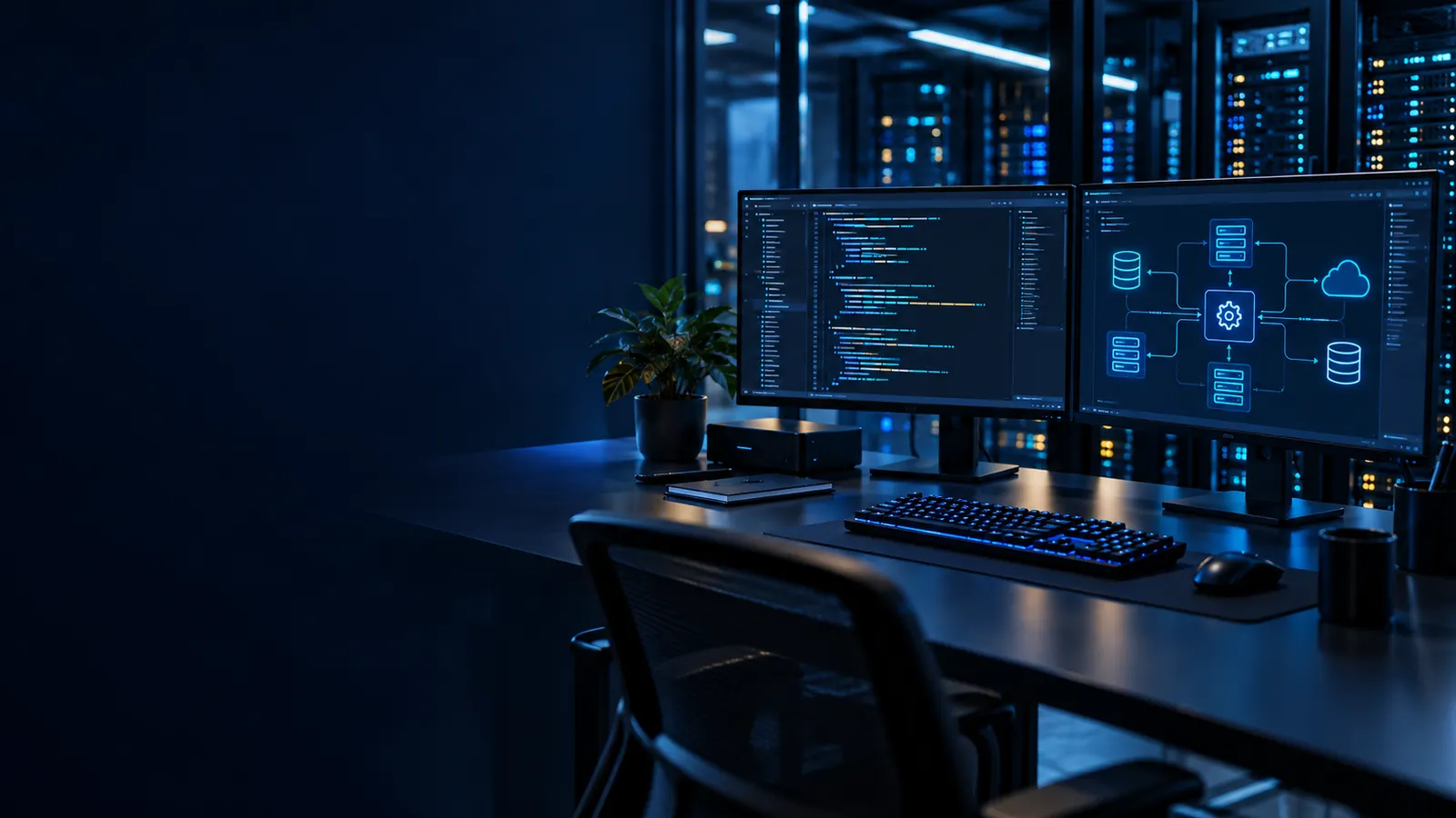 Original night-time desk with two monitors showing code and a system diagram