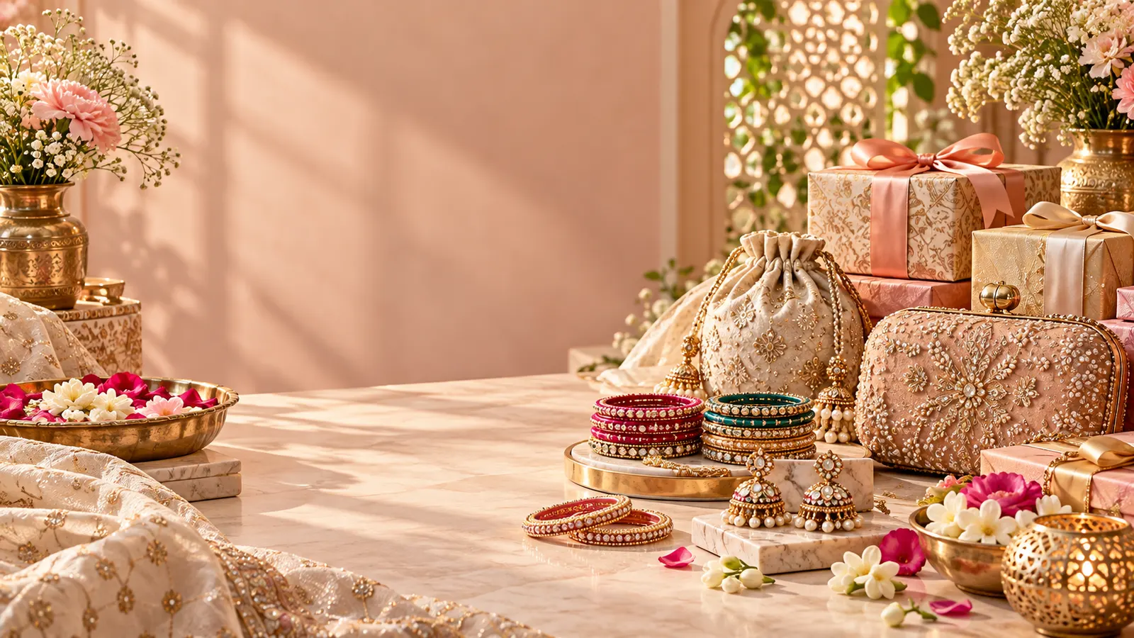 Original festive table with bangles, a potli bag, gift boxes, and flowers