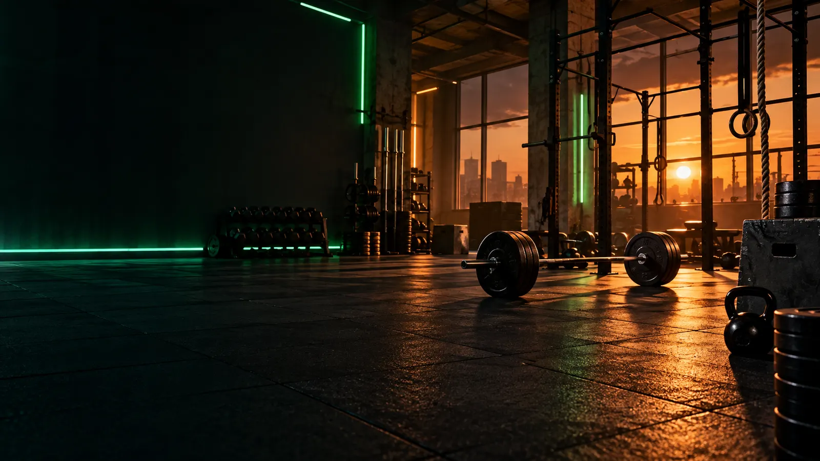 Original gym floor at dusk with a loaded barbell and green light