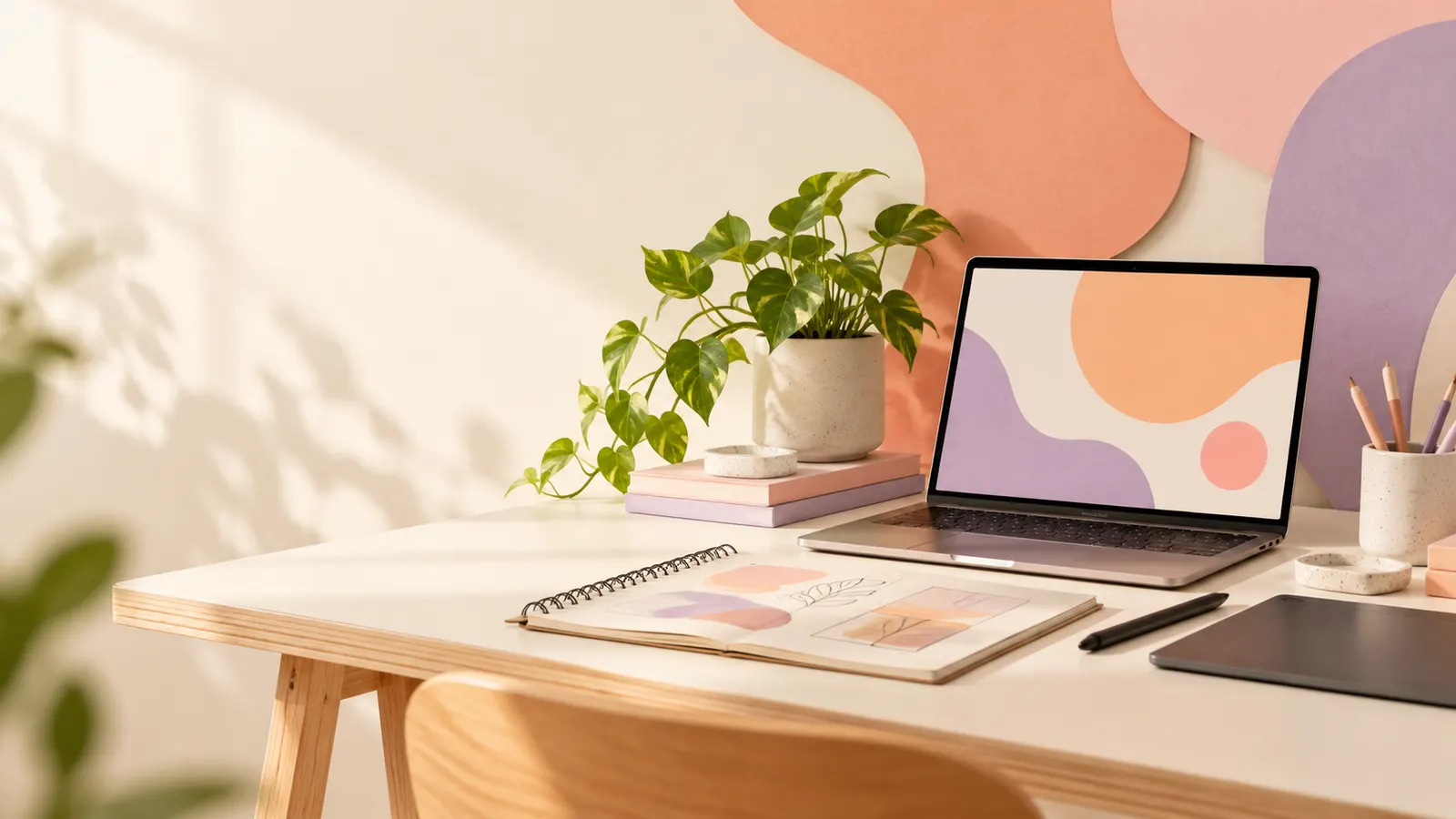 Original pastel desk with a laptop showing an abstract interface