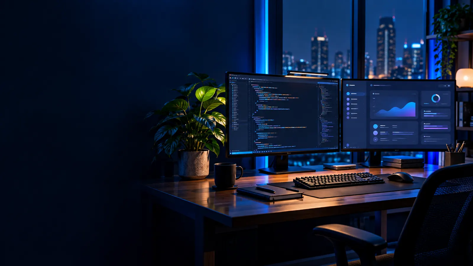 Original night-time engineering desk with two monitors showing code and charts