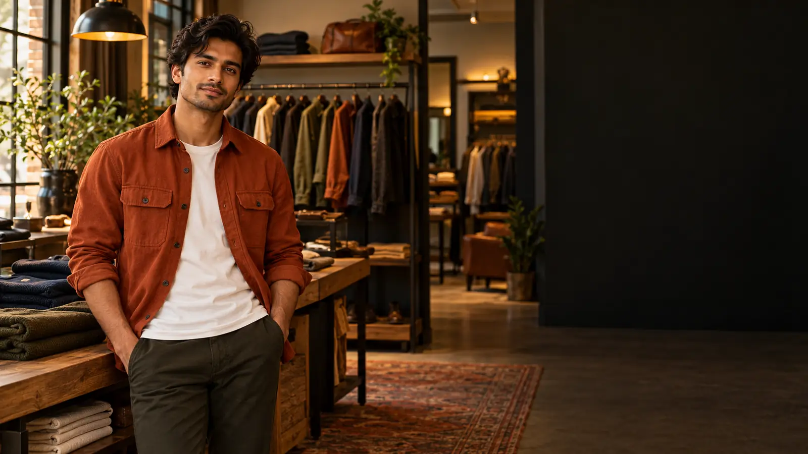Original photograph of a man in a rust overshirt inside a menswear store