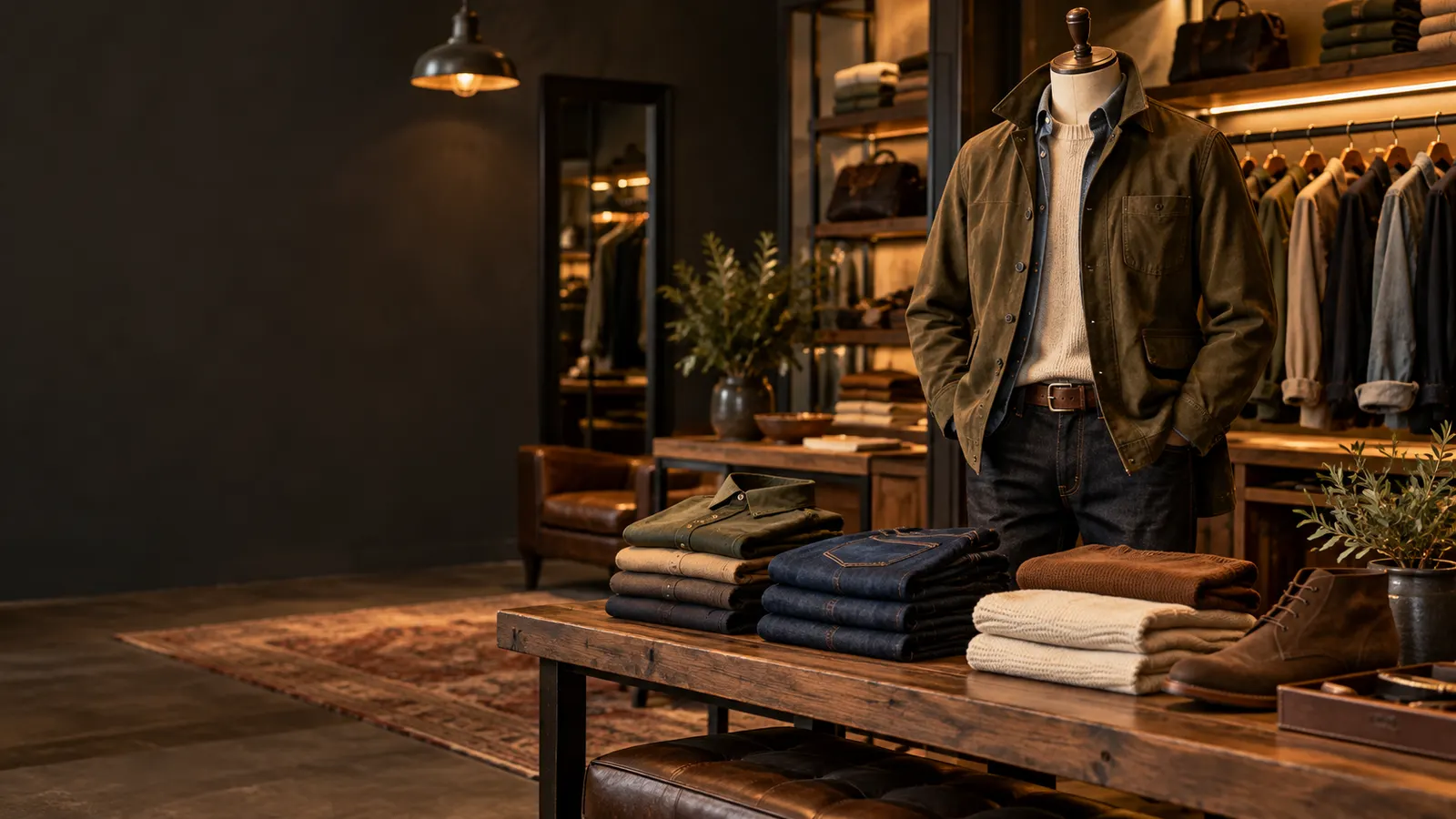Original menswear display with a jacket on a mannequin