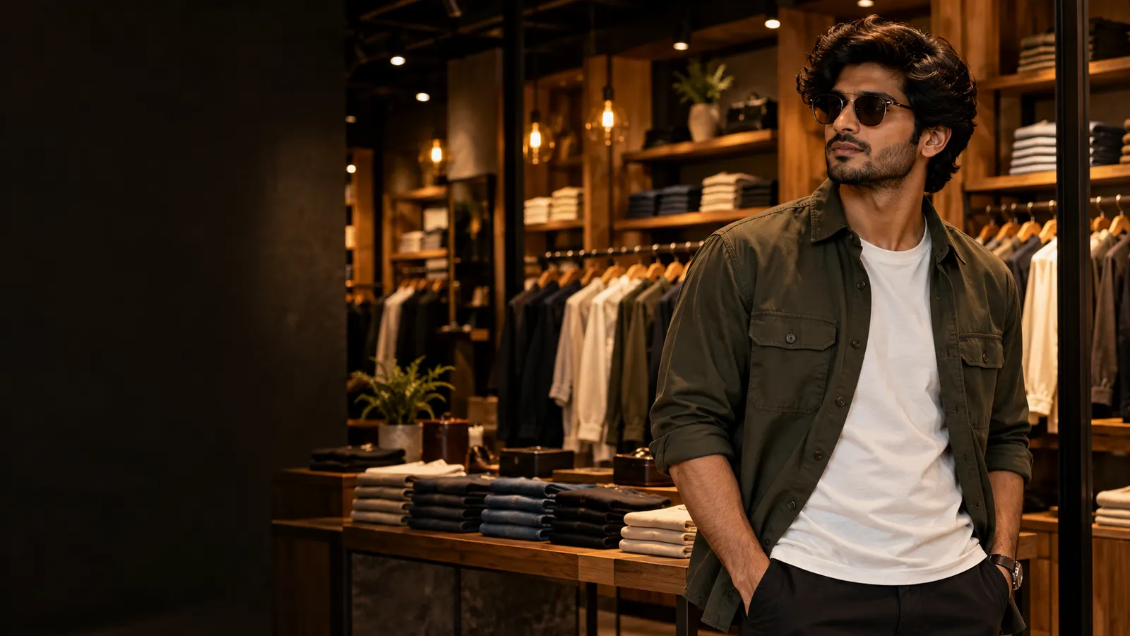 Original photograph of a man in an olive overshirt among clothing racks