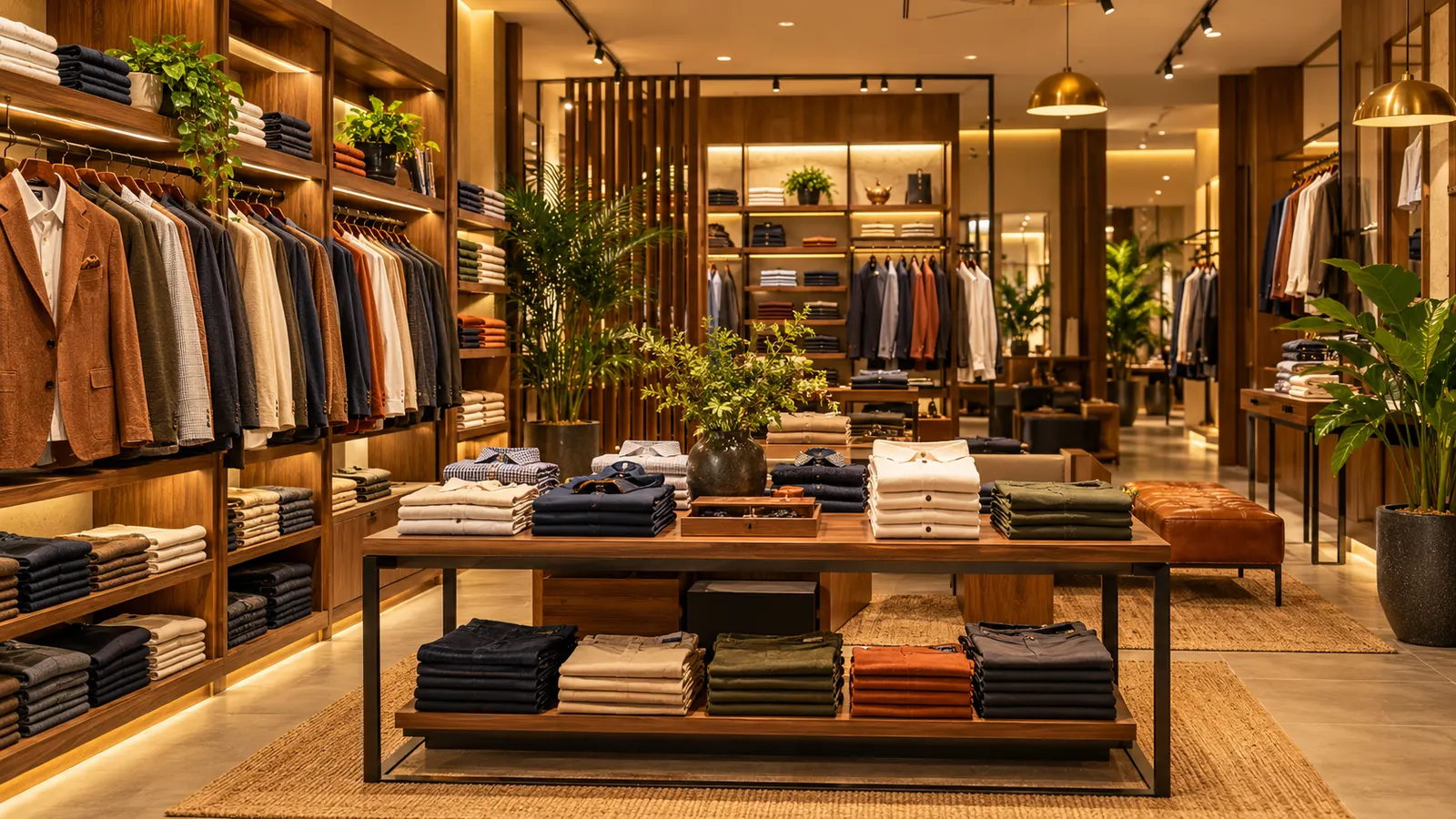 Original warm menswear store interior with folded stock on a table