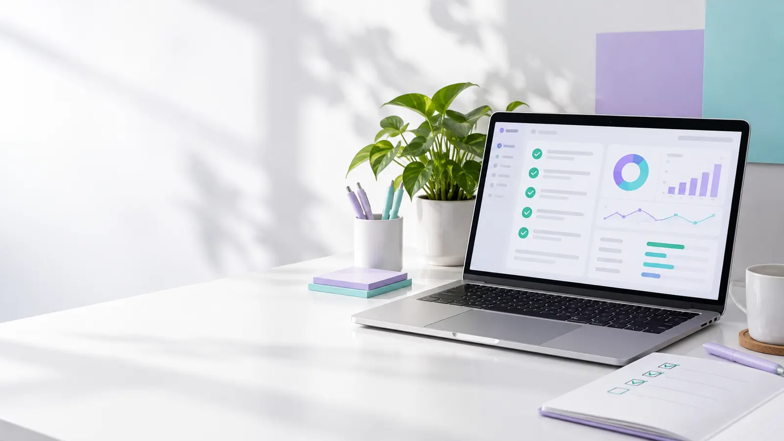 Original testing workspace with abstract dashboard screens and soft violet light