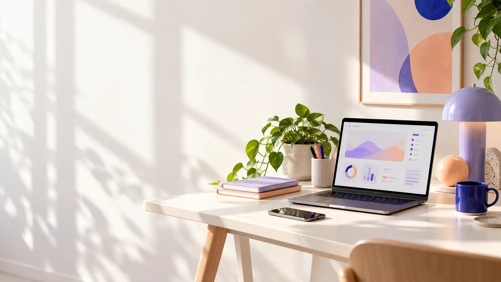 Original bright desk with a laptop, a plant, and a small lamp in morning light