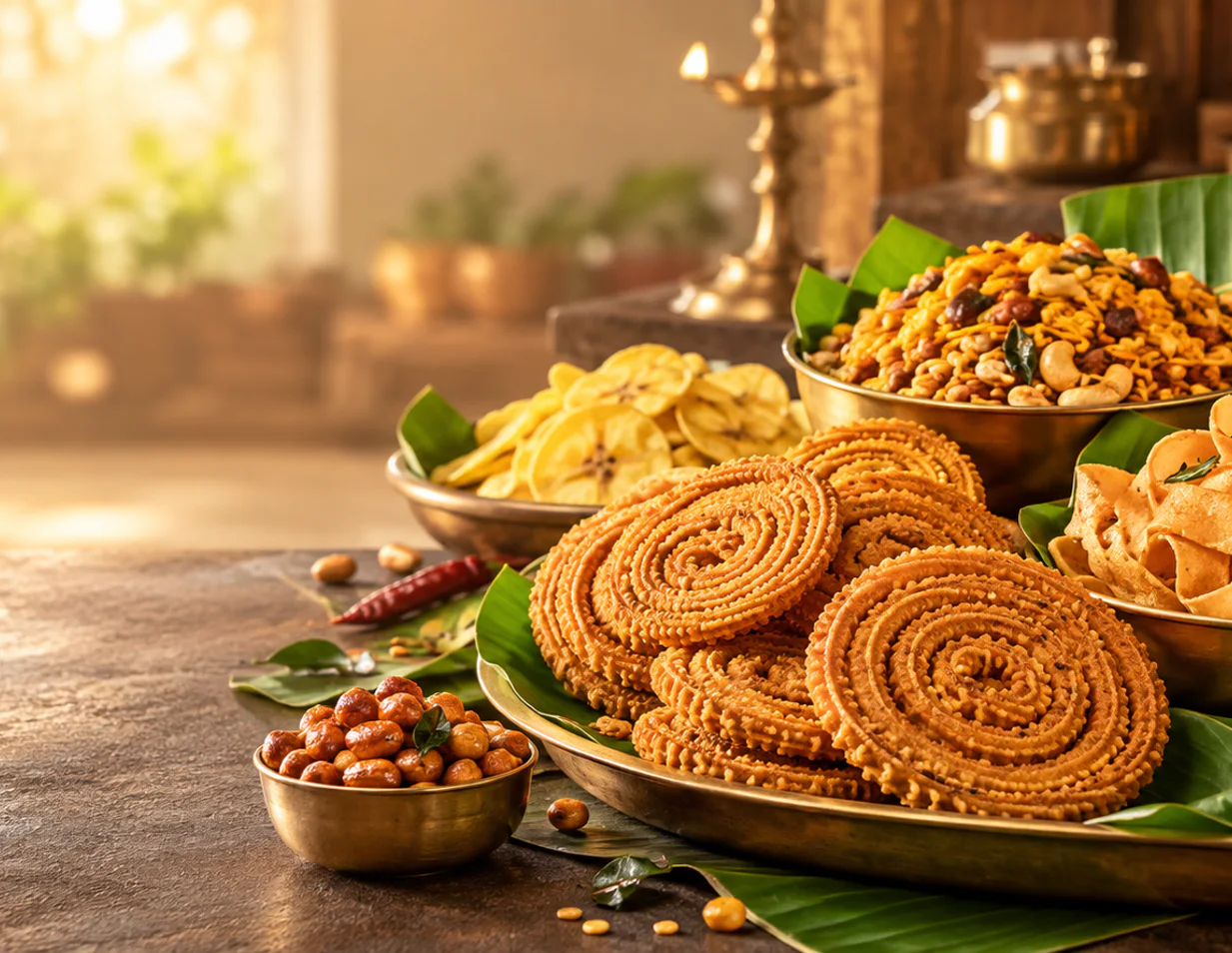 Brass bowls of chakli, mixture, and other fried snacks on a banana leaf